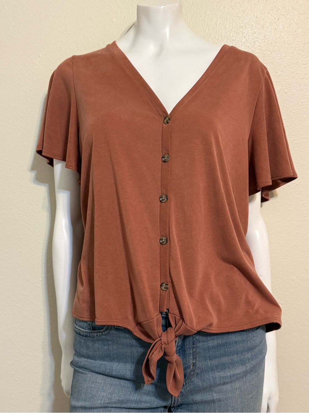 Green Envelope Rust Button-Front Tie Hem V-Neck Top